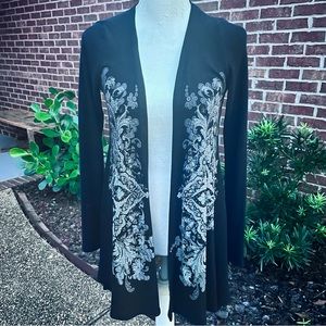 Vocal Rhinestone Floral Open Front Cardigan, Black Gray Asymmetrical Hem Size S
